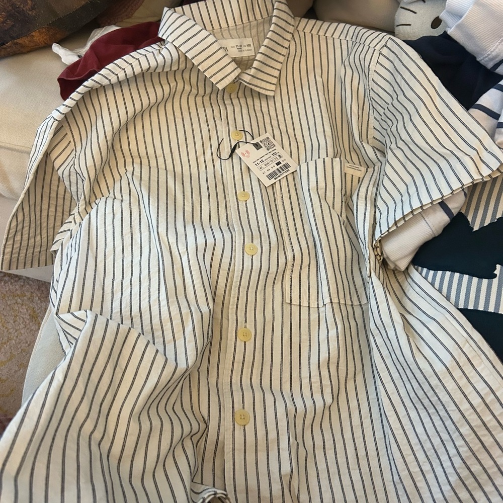 Zara Men's Beige and Black Striped Casual Shirt